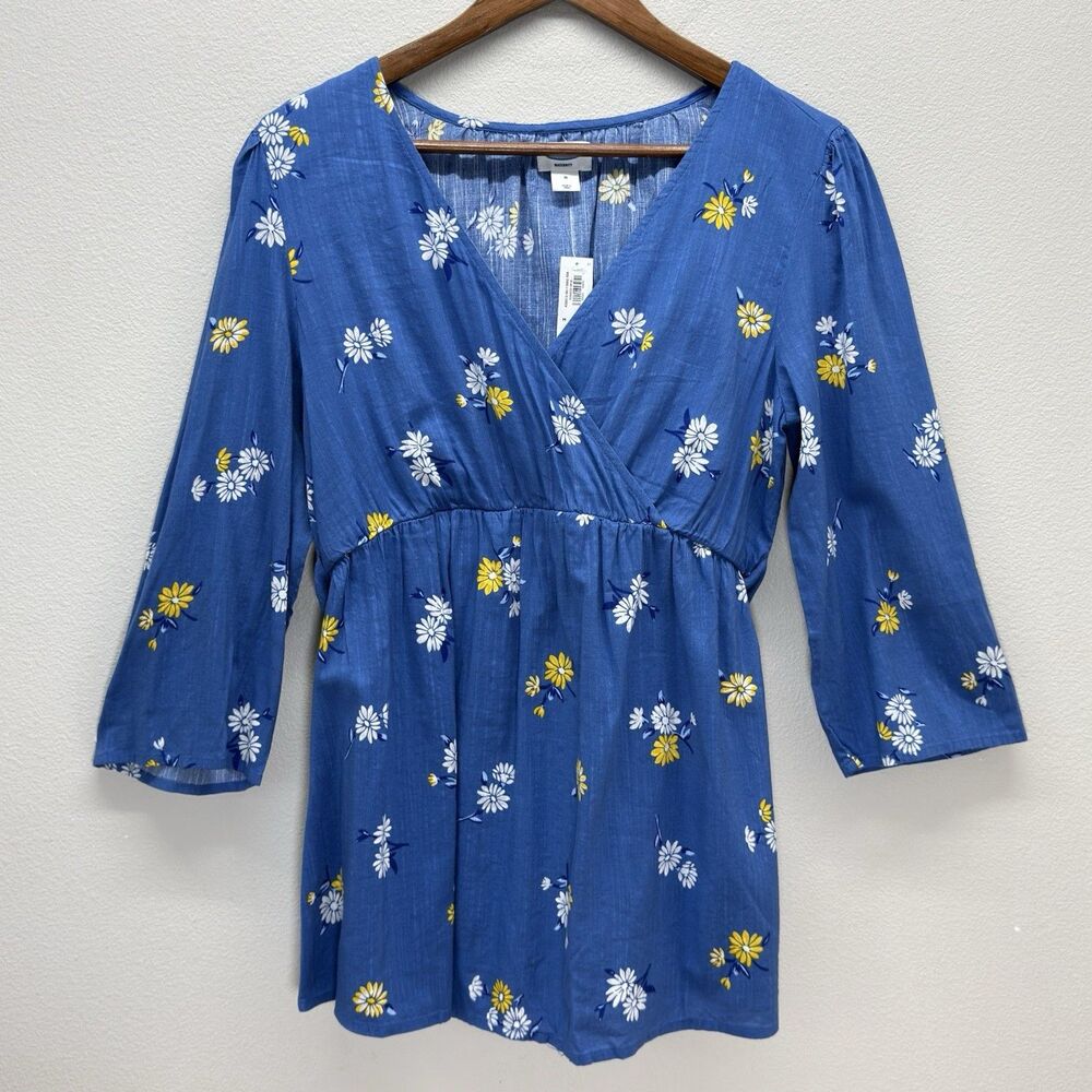 NEW Old Navy Floral Maternity Top Size M Blue Cotton Rayon Daisy Long Sleeve Air